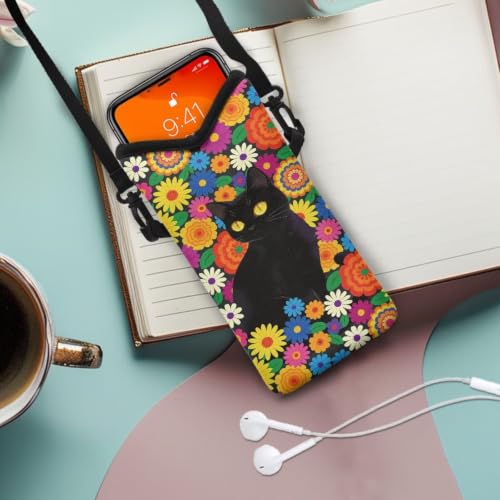 Image of Small Crossbody Bag for Women Waterproof Cell Phone Case Neoprene Mobile Phone Protection Bag Mini Satchel for Travel, Beach, Casual, Black Cat Colorful Daisy Flower
