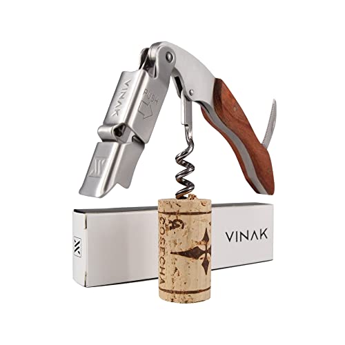 VINAK Sacacorchos camarero profesional XPERT en acero inoxidable y madera con doble apoyo articulado + abrebotellas + navaja cortacápsulas y espiral profesional