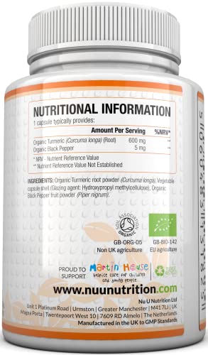 Cúrcuma Curcumina Orgánica y Pimienta Negra Orgánica, 365 Cápsulas (Suministro Para 1 Año) | Máxima Potencia 600 mg - Fabricada en el Reino Unido por Nu U Nutrition