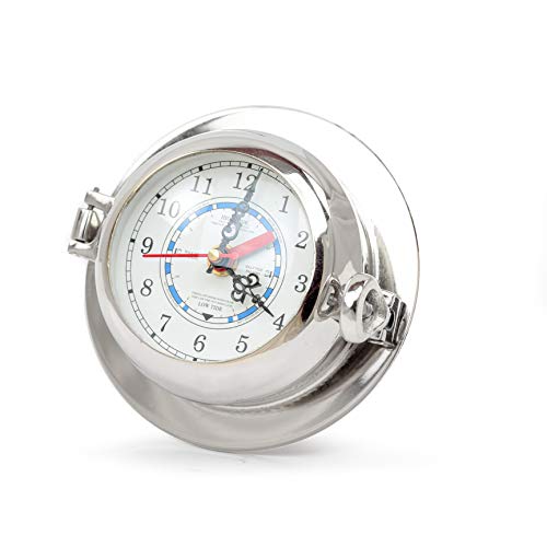 Nagina International 9" Time & Tide Aluminum Silver Nickel Polished Circular Porthole Clock Time & Tide Predictor | Weather & Moon Tidal Waves Tide Clock | Openable Flap Cover With 2-Latch Bolts #TOP2