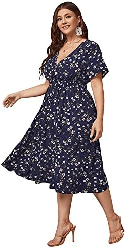 Floerns Women’s Plus Size Boho Floral V Neck Short Sleeve A Line Long Dress