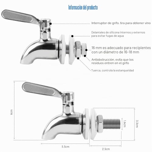 Miniatura 4 de Uningyi Dispensador De Bebidas, Grifo De Repuesto, De Acero Inoxidable, Para Bebidas Frías Y Calientes, Para Barril De Cerveza, Cristal, Fuente 16 Mm
