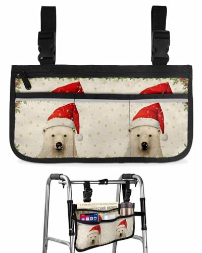 Wheelchair Side Storage Bag Merry Christmas White Bear with Red Hat Armrest Pouch with Cup Holder and Reflective Strip Wheelchair Accessories Organizer Bags for Walkers Rollator