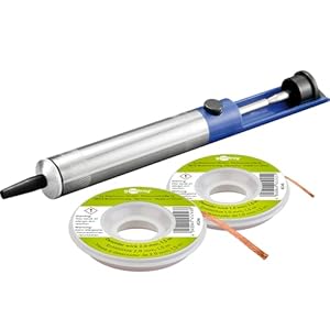 goobay 74090 Entlötpumpe zum Entlöten & Lötabsaugung/antistatische Lötpumpe/Entlötsaugpumpe als Lötzinn Entferner/Lötsaugpumpe mit Teflonspitze + 2x Entlötlitze 1mm, 2mm zur Lötzinn Entfernung