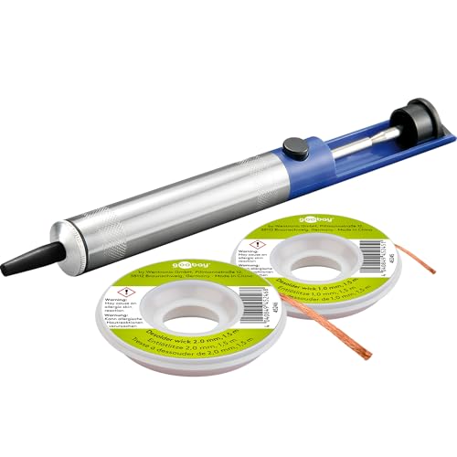 goobay 74090 Entlötpumpe zum Entlöten & Lötabsaugung/antistatische Lötpumpe/Entlötsaugpumpe als Lötzinn Entferner/Lötsaugpumpe mit Teflonspitze + 2x Entlötlitze 1mm, 2mm zur Lötzinn Entfernung