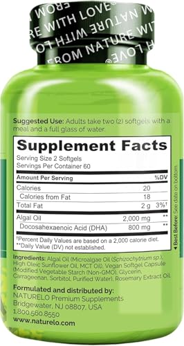NATURELO Vegan DHA - Pure Omega3 Oil from Algae - Sustainable Benefits of Fish Oil (EPA/DHA) - No Smell Or Taste - Best for Vision & Brain Function Support - 120 Softgels | 2 Month Supply - Image 2
