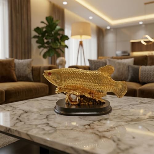 Image of Feng Shui Arowana Golden Fish Statue Lucky Wealth Fish Figurine for Prosperity, Success, Golden Feng Shui Fish Decor for Home Office, Good Luck Money Fish Showpiece, Vastu Decorative Gift (11.5 cm)
