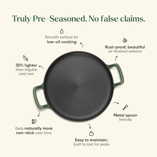 Image of Ember Cookware Pre-Seasoned Cast Iron Tawa for Dosa & Roti 30 cm | 10-Year Warranty | 30% Lighter, Non Stick Induction Cookware | Non Stick Dosa Tawa | Heavy Duty Cookware | Green