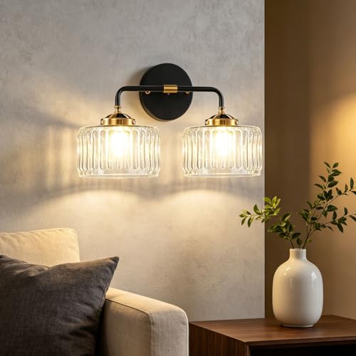 Image of Mid Century Modern Wall Sconce Clear Glass 6.7 inch Shade Striped Glass Bathroom Vanity Lights Vintage Style Brushed Finish Black Gold Wall Mount Light for Living Room, Bedroom, Hallway