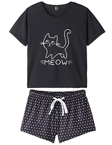 MyFav Pyjama à Manches Courtes pour Femme Mignon Chat T-Shirt et Short Vêtements de Nuit Pyjama d'été Ensemble(Black,XS)