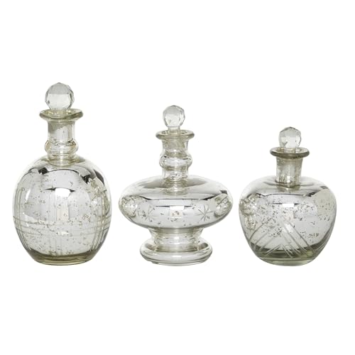 Deco 79 Glass Decorative Jars with Crystal Stoppers, Set of 3 8", 9", 7"H, Silver