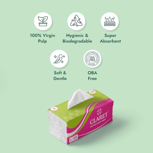 Image of Claret 2-Ply Facial Tissue | Makeup Removal Tissue Wipes | Tissue Paper For Office Desk | Car Accessories | 250 Pulls Super Soft & Highly Absorbent | Pack of 8