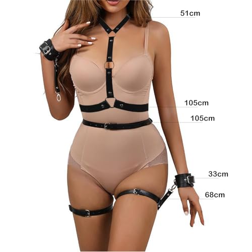 Limmion Damen Harness Leder Sexy Gürtel mit Handschellen Body Geschirre Bondage Sexy Kostüm für Frauen BDSM Fesseln Punk Taillengürtel Extrem Bondage Erotik Reizwäsche für Rave Outfit Clubwear