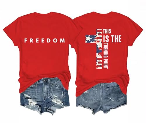 Freedom Christian Shirts for Women Religious Sayings Tshirt USA Flag Stars Stripes Graphic Tee Short Sleeve Top(X-Large Red)