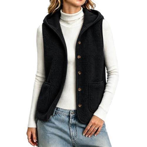 Hooded Vest Women Sherpa Button Up Sleeveless Comfy Waistcoat Outerwear - image 1