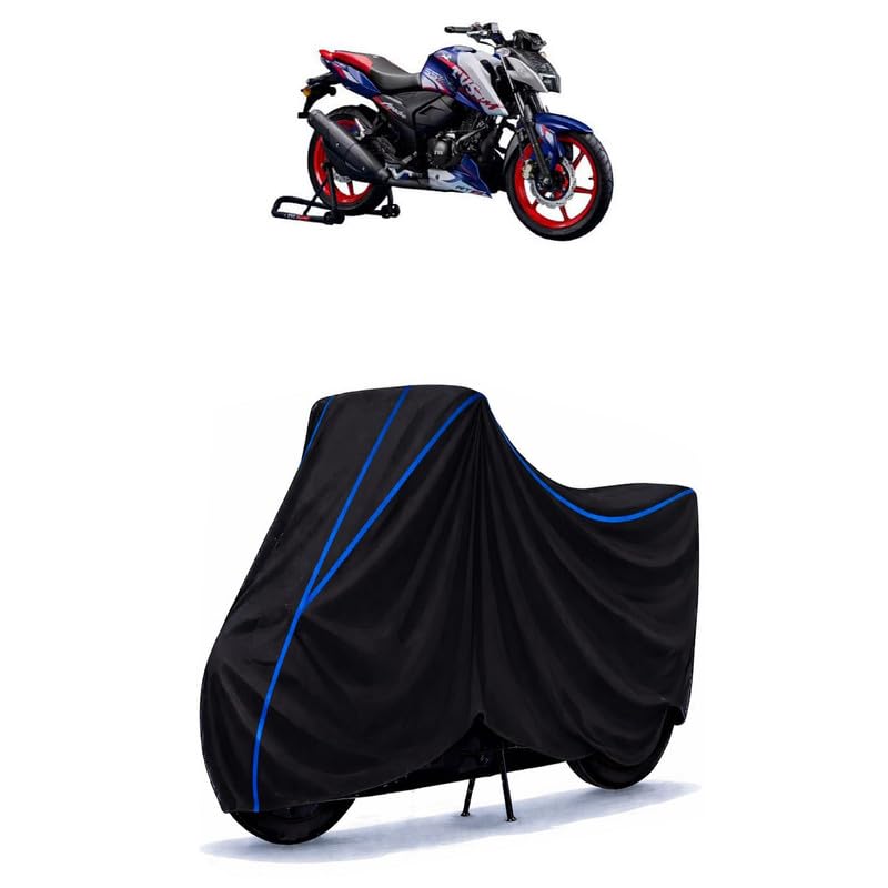 Image of TVS Apache RP 165 Bike Cover Water Resistant Universal Motorcycle Rain | Heavy Duty UV Protection, Dust, Scratch Indoor Outdoor All Weather with Black Blue Piping Elastic
