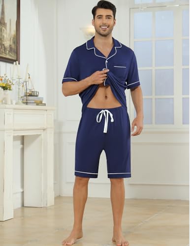 Image of Veseacky Men's Button Down Pajama Set Short Sleeve Shorts Modal Soft Sleepwear Loungewear Pjs with Pockets S-XXL