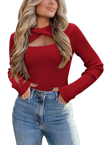 Image of Zeagoo Sweaters for Women 2025 Knit Trendy Long Sleeve Lightweight Slim Fit Pullover Cutout Tops Red Medium