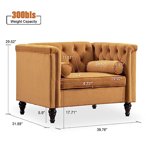 Ttgieet Mid Century Modern Sofa Chair, Velvet Accent Chairs For Living Room, Upholstered Tufted Armchair With Wooden Legs& Bolster Pillows, Comfy Reading Chair For Bedroom Home Office（Ginger） #TOP1