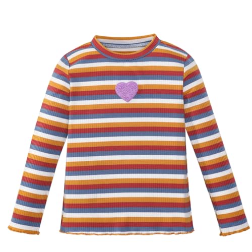 OPAWO Girls Long Sleeve Shirts Ribbed Knit Lettuce Trim Tee Shirt Tops, Little Girl Striped Blouse Undershirts Size 3-7 Years, Red,Blue,White,Yellow, 5T