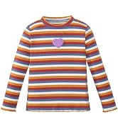 OPAWO Girls Long Sleeve Shirts Ribbed Knit Lettuce Trim Tee Shirt Tops, Little Girl Striped Blous...