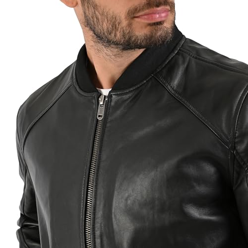Frye MEN’S CLASSIC LEATHER BOMBER JACKET, GENUINE LEATHER, RIBBED KNIT COLLAR, CUFFS AND HEM – BLACK COLOR3