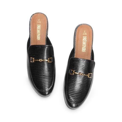 DREAM PAIRS Mules for Women Flats Comfortable Buckle Mules Slip on Slides Backless Loafers Shoes,Size 7,Black-Snake,SDML2401W