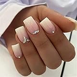 VOTACOS Press on Nails Short Square Fake Nails Baby Purple False Nails with Ombre White Design Glossy Stick on Nails for Women 636