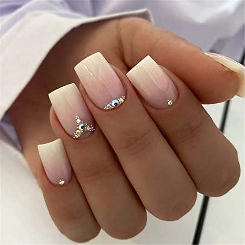 VOTACOS Press on Nails Short Square Fake Nails Baby Purple False Nails with Ombre White Design Glossy Stick on Nails for Women 636