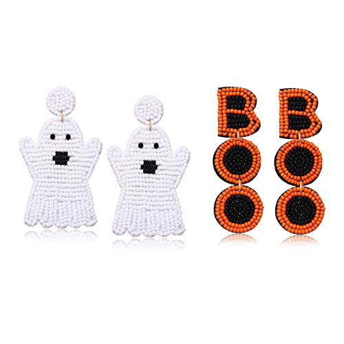 2 Pairs Halloween Beaded BOO Ghost Drop Earrings for Women Handmade Pumpkin Teardrop Dangle Earrings Statement Festive Party Costume Jewelry Gifts