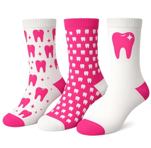 BEYCODENT Zahnarzt Socken 3er Pack Pink Weiß Zahnsocken Set mit Zahnmotiv | Geschenk ZFA Zahnarzt Kieferorthopäde | Dental Socken Damen Herren | Größe 3844