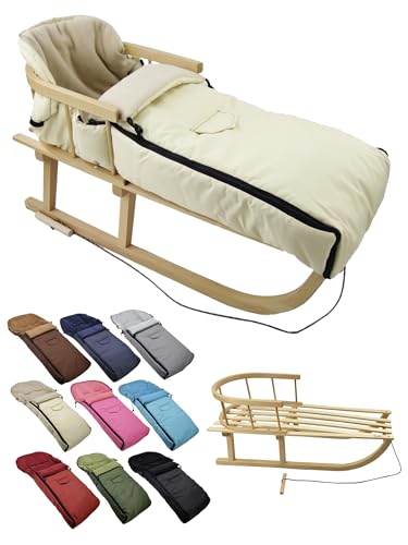 BambiniWelt Holzschlitten mit Rückenlehne & Zugseil + Winterfußsack 108 cm – warmes Thermofleece, wasserabweisend – Kombi-Set für Kinderwagen & Buggy, Farbe: beige