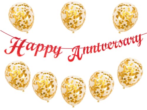 Image of Flyloons Red Happy Anniversary Banner with Confetti Balloons Decoration Kit for Men Women 8 Pcs Gold Colour Confetti Meatallic Balloons Reusable Happy Wedding Anniversary Banner