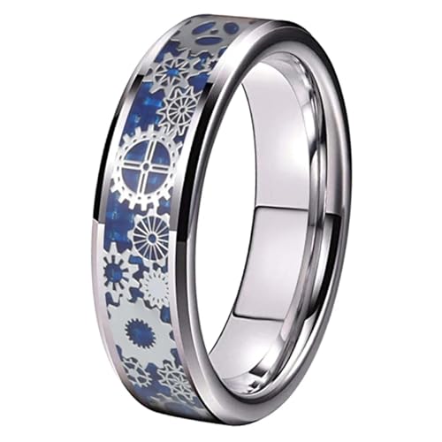ITungsten Men Women Wedding Band Tungsten Ring Carbon Fiber Steampunk Gear Inlay Jewelry Comfort Fit
