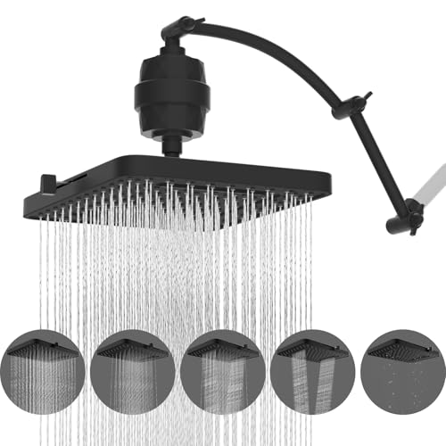 Hibbent Rain Filtered Shower Head, 13'' High Pressure Rainfall 5 Modes Showerhead with 16" Shower Head Extension Arm, Solid Brass Adjustable Shower Arm Extender, 20 Stage Shower Filter, Matt