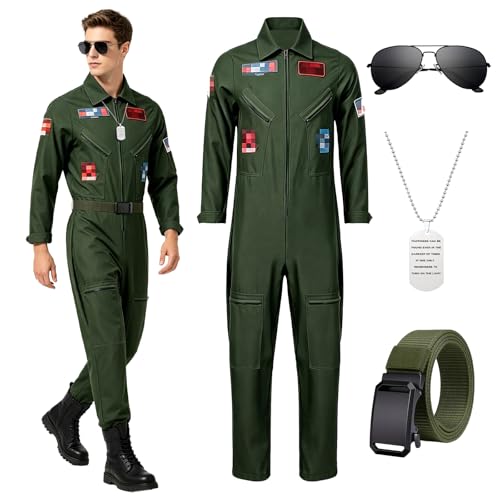 Orizizhic 4 Pcs Men Pilot Costume Aviator Fighter Pilot Flight Suit Costume Fancy Dress Set with Pilot Jumpsuit Necklace Sunglasses for Halloween Cosplay Costume Carnival World Book Day