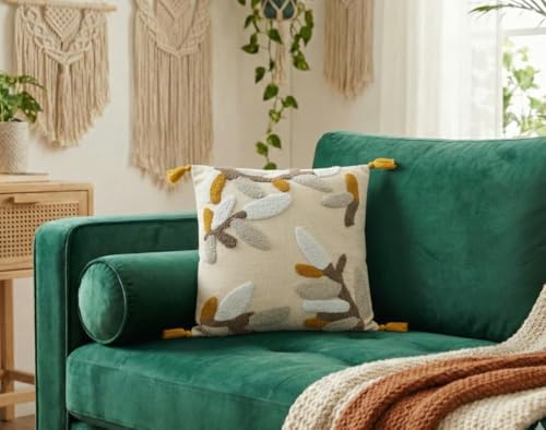 Image of Furnistitchs Handmade Cotton Bohemian Home Decor Cushion Cover 24x24 inches / 60x60 cms - Boho Chic Couch Sofa Throw Living Room Bedroom Cushions (2, Cream Leaves)