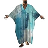 Hegropy Turquoise And Grey Art Artwork Pattern Men's V-neck Robe Middle East Arabian Robe Butterfly Sleeves Kaftan 5XL