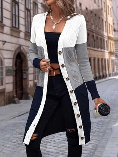SweatyRocks Women's Color Block Button Front V Neck Long Sleeve Cardigan Soft Knit Long Coat Sweater3