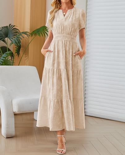Image of Women's Maxi Dresses Boho Burnout V Neck Short Puff Sleeve Smocked Empire Waist Long Wedding Guest Semi Formal Dress Pockets