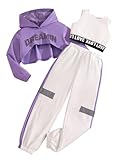 LuxyBear Girls Graphic 3 Piece Outfits Workout Hoodie Crop Tank and Sweatpants Hip Hop Dance Set Blue 13-14 Years