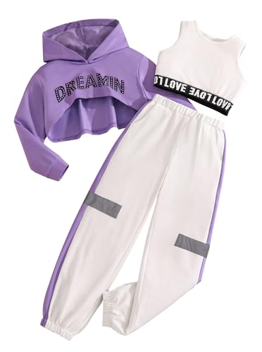 Image of Hilinker Girls Graphic 3 Piece Outfits Workout Hoodie Crop Tank and Sweatpants Set