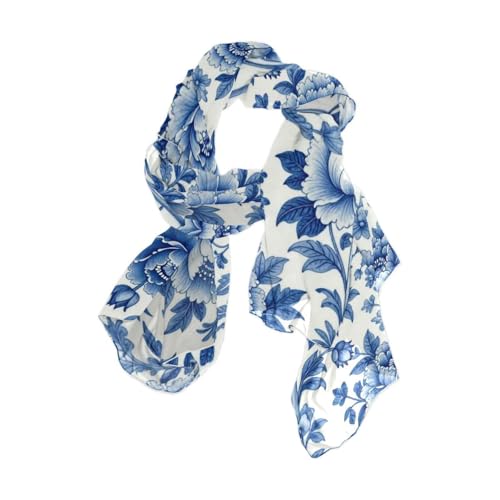 BCFHRGT Foulard en soie vintage en toile de Jouy - Motif floral - Bleu et blanc - 177,8 x 89,9 cm - Pour femme - Cadeau idéal