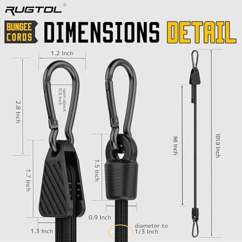 Image of Bungee Cords with Hooks, 96 inch Adjustable Bungee Cords with Carabiner Hooks, Easy to Adjust from 7 to 96 inch Black Elastic Bungee Straps with Clips Heavy Duty for Bike, Cargo, Tarps, 6 Pack