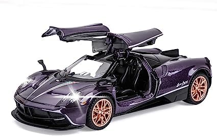 Image of Alloy Metal Pull Back Diecast Car Scale Model Metal Pullback Toy Car With Openable Doors & Light, Music For Gift,Party Decorations Toy (1 /24 Big Pagani Huayra - Pueple), Multicolor
