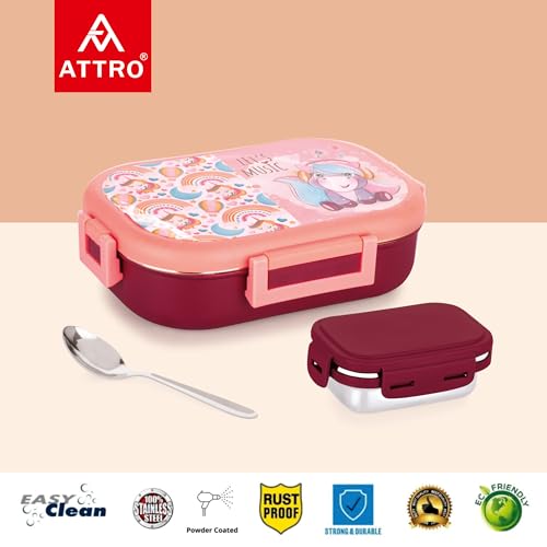 Image of Attro Food Time Deluxe Stainless Steel Lunch Box with 1 Small Container & Eyecatchy Prints Airtight & Spillproof - 750ml+250ml Unicorn Brown Peach
