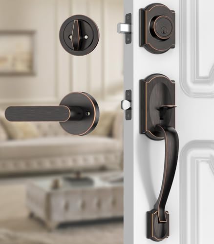 Image of Front Door Lock Set, Front Door Handle and Deadbolt Set, Vintage Exterior Door Lock Set, Front Door Handle with Single Cylinder, Reversible for Right & Left, Oil Rubbed Bronze