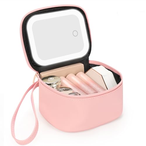 Relavel Mini Makeup Bag with Led Mirror Small Cosmetic Bag with 3 Light Modes Rechargeable Portable Makeup Pouch with Hands-Free Wrist Strap for Pool PartiesWork Touch-UpsTravel - Pink