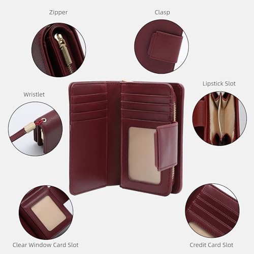 Small Wallet for Women Rfid Blocking Leather Bifold Compact Wallet Credit Card Holder Ladies Wristlet Wallet Mini Purse with Big Zipper Pocket (Wine)4