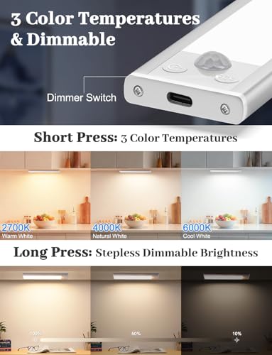 Image of 10in Under Cabinet Lighting with Charging Station, 2200mAh Rechargeable Wireless Motion Sensor Lights Indoor,Closet Lights with 3 Color Tempers, Battery Operated Cabinet Lights for Kitchen, 6-Pack